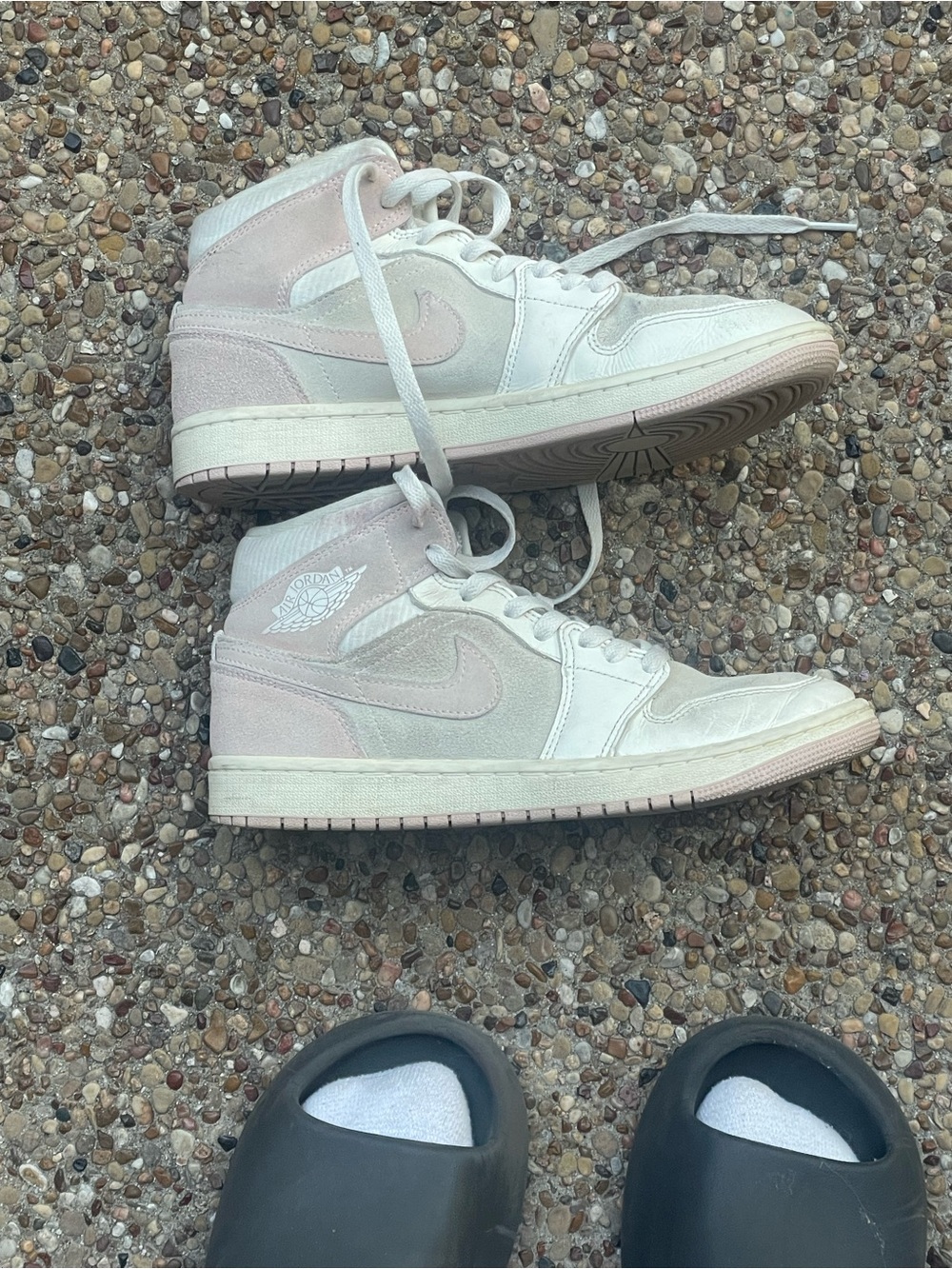 Jordan High Top Sneakers in Pale Pink and White with yellow stripes at the top
